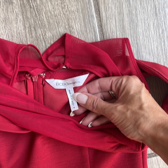 BCBG Red Off the Shoulder Mesh Romper - Picture 4 of 5
